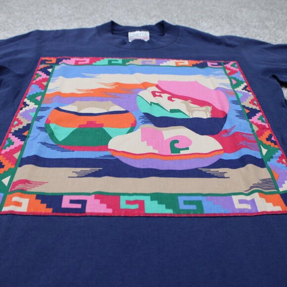 Vintage Oneita Power/50 Shirt Mens Medium Blue Aztec Southwest Tribal S/S - Picture 4 of 13